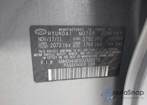 2012 Hyundai Elantra Gls (Ulsan Plant) z USA, uszkodzony, nr VIN KMHDH4AE5CU366573